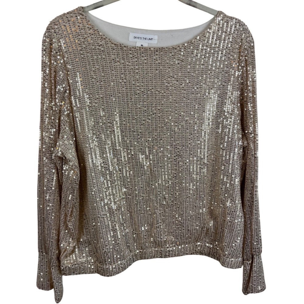 Skye's The Limit Gold Sequin Long Sleeve Blouse XL Boat Neck Glam Party Top